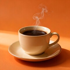 Steaming Dark Coffee In Cream Mug Against Warm Orange Inviting Background