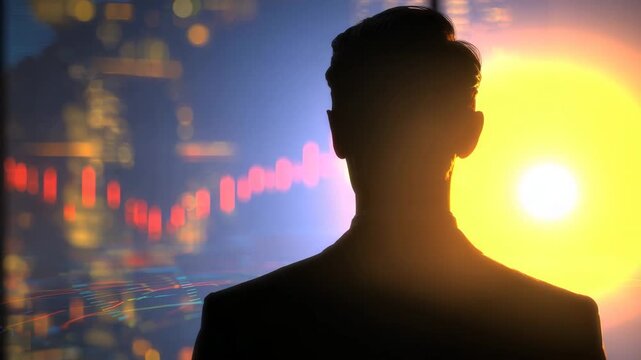 Silhouette of businessman facing glowing financial chart and city lights sunset, contemplative investor backlight observing stock market candlestick trading with warm glow and dramatic hopeful