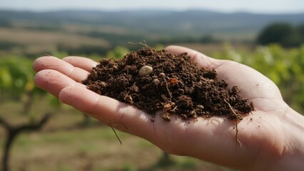 Obraz premium Rich soil held in a hand over a vineyard landscape, representing agricultural health