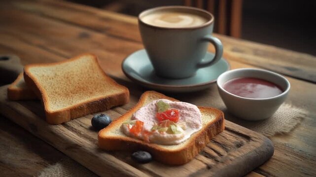 Delicious breakfast with coffee and toast on a wooden table.