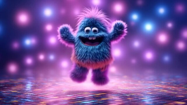 A blue furry monster with pink hair dancing on a colorful disco floor with bright lights