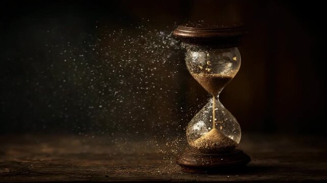 Antique hourglass wooden table with golden sand flowing through glass dust particles sparkling warm dramatic light evocative nostalgic contemplative mood antique hourglass sand timer flowing vintage