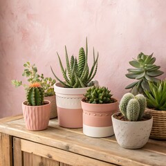 Charming Potted Succulents And Cacti Arrangement On Wooden Surface With Soft Background