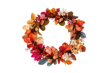 Autumn floral wreath with vibrant fall leaves and flowers isolated on transparent background. Autumn wreath with colorful leaves and flowers isolated on white background.