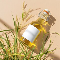 Clear Glass Bottle With Blank Label Lying On Grass And Pale Surface