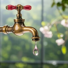 Clear Water Droplet Hanging From Brass Faucet With Red Handle Soft Background