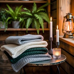 Cozy Interior Scene With Blankets Candles Wooden Table And Potted Plants