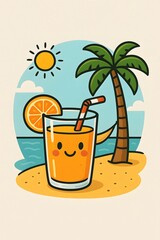Cute Cartoon Tropical Paradise Illustration With Smiling Orange Juice Beach Vacation
