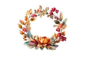 Ornate floral wreath with lotus flower isolated on transparent background. Autumn floral wreath with central orange lotus bloom isolated on white background.