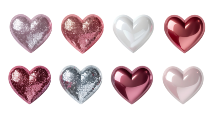 Glossy Metallic Heart Shapes Collection Isolated on White Background