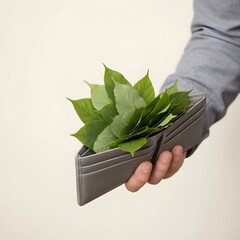 Hand Holding Gray Wallet Overflowing With Green Leaves Symbolizing Money Concept