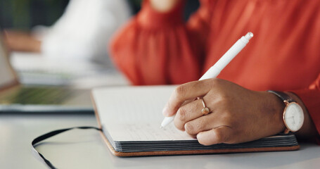 Woman, hands and writing in office with notebook, idea planning and inspiration for jewellery...