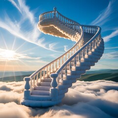 Heavenly Cloud Staircase Ascending Toward Luminous Sun In Dreamlike Blue Sky
