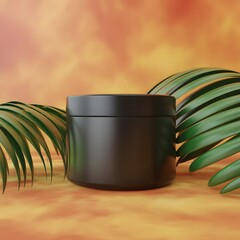 Matte Black Container Framed By Green Palm Leaves On Vibrant Orange Background