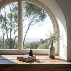 Minimalist Interior Scene With Wooden Windowsill Vase Book And Peaceful Outdoor View