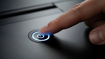 Close-up of a human finger pressing a glowing blue circular power button on a dark, textured surface, symbolizing technology activation, modern startup, and digital interaction with a sense