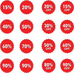 Red discount tags featuring various percentage offers and sale labels for retail promotions vector