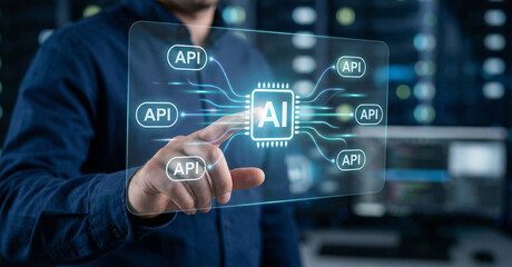 Ai api connection interface, server room digital hub touch, machine learning processor, cloud software integration