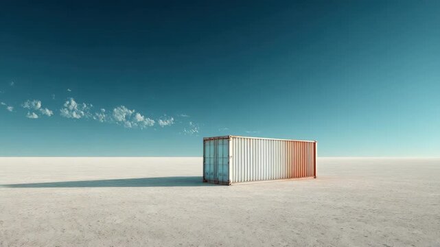 White shipping container empty salt flat vast blue sky with long shadow and scattered clouds creating calm minimalist industrial scene of solitude and storage container cargo container desert