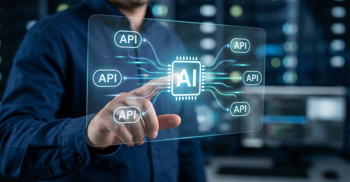 Ai api connection interface, server room digital hub touch, machine learning processor, cloud software integration
