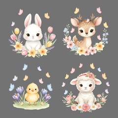 Naklejka premium Cute Baby Animals with Spring Flowers and Butterflies, Watercolor Nursery Illustration Set