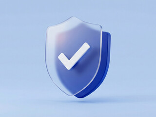 3d glass shield check mark icon, blue security badge protection, cyber safety approved verify, secured data privacy symbol