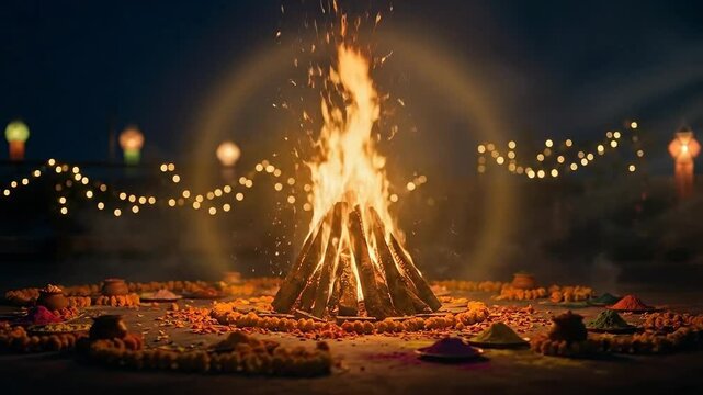 Fiery holika dahan bonfire burns brightly at night, surrounded by colorful holi gulal and festive lights.