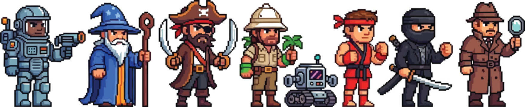 A collection of diverse retro pixel art character sprites including an astronaut wizard pirate explorer martial artist ninja and detective