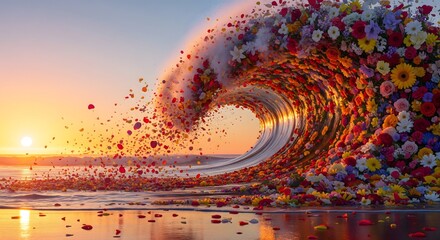 Vibrant wave of colorful flowers crashing on a serene beach at sunset with clear sky