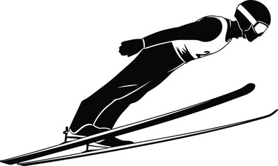 Dynamic silhouette of ski jumper in mid air captured during intense winter sport competition flight vector