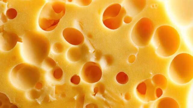 Creamy yellow cheese close up macro showing smooth creamy dairy texture with large round holes and irregular hole pattern, Swiss style golden yellow food slice conveying appetizing warm rustic