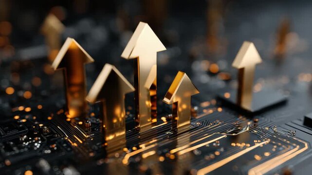 Gold arrows rising from circuit board representing technology growth and digital finance optimism warm metallic tones futuristic metallic reflective bokeh electronics conveying technological growth