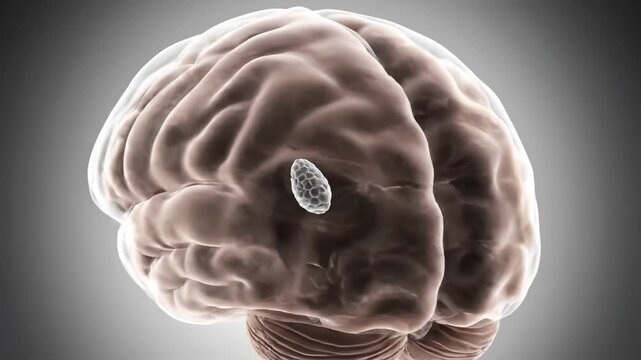 A realistic 3D render of the human brain, showcasing the pineal gland's location and structure.