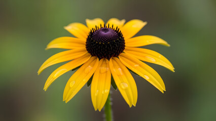 Obraz premium Black Eyed Susan Flower with Water Droplets on Yellow Petals, Macro Detail, Soft Green Background, Stock Media