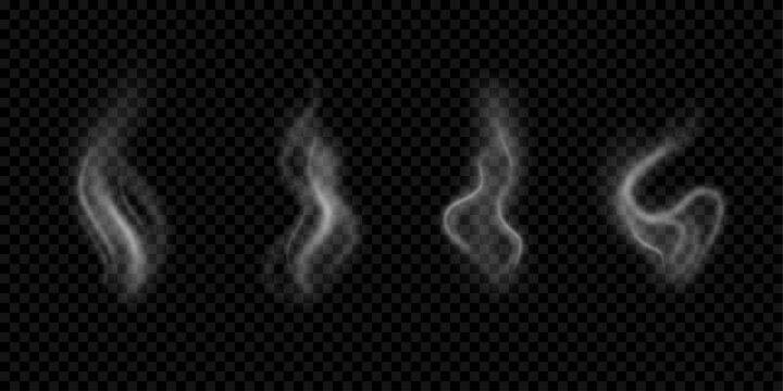 Steam from food vector set. Coffee smoke, hot tea effect. Cooking vapor with transparency