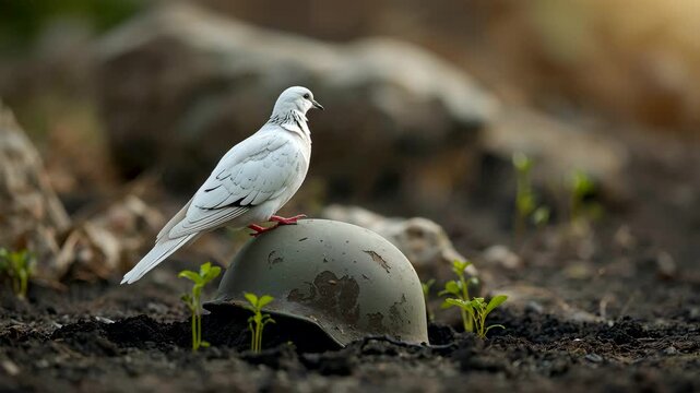 White dove perched on military helmet partially buried in soil with small plants