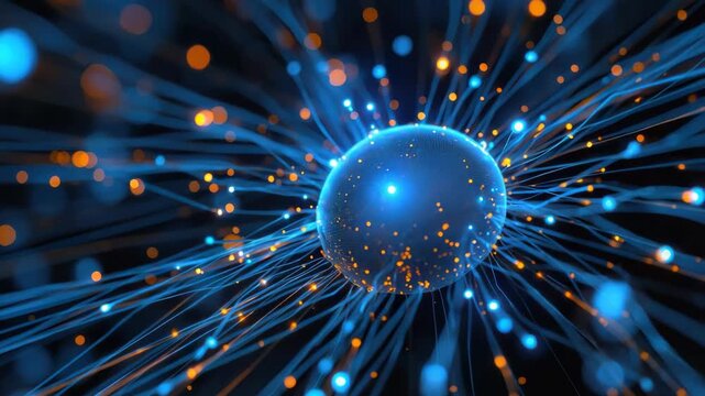 Glowing blue neuron sphere with radiating fiber optic strands and warm bokeh lights conveying