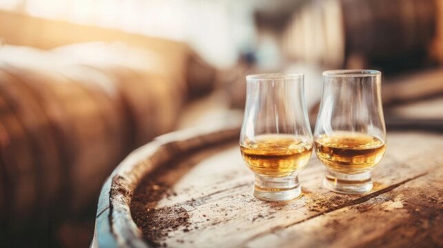 Two glasses of whiskey on a wooden barrel in a distillery with blurred barrels in the background and warm lighting creating an inviting atmosphere