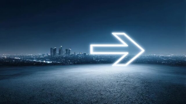 Glowing neon arrow pointing right over empty asphalt rooftop with distant city skyline at night directional futuristic blue glowing neon night city skyline asphalt directional futuristic blue glowing
