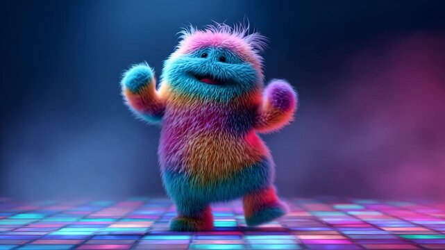 Colorful cartoon monster on a neon disco floor with a happy expression