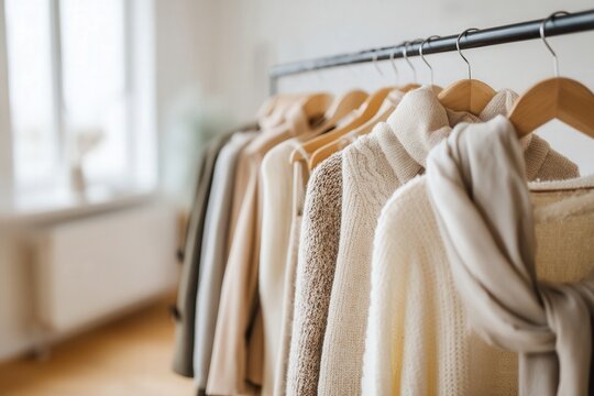 Capsule wardrobe displayed on a matte black clothing rack featuring neutral knit sweaters, a beige coat, and a soft scarf in a bright interior