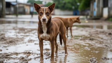 Two brown dogs standing in a muddy outdoor area with puddles and buildings in the background
