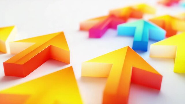 Bright colorful 3d arrow and colorful arrow shapes pointing upward white background conveying growth direction progress teamwork abstract geometric with vibrant gradient tones soft shadows