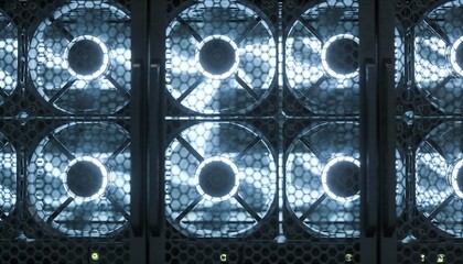 Close-up of multiple illuminated cooling fans behind a hexagonal mesh in a dark high-performance computer system.