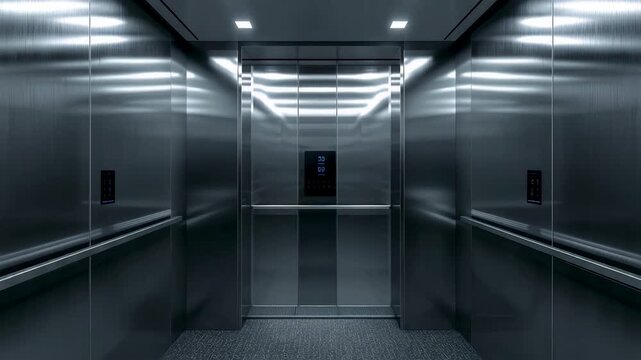 Empty stainless steel elevator interior with reflective walls and ceiling lights