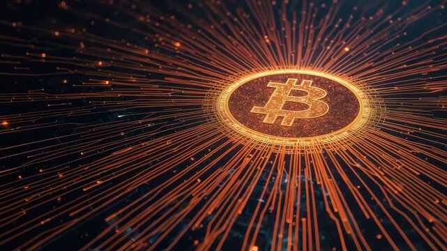 Glowing digital cryptocurrency coin and golden blockchain network coin with radiating circuit lines