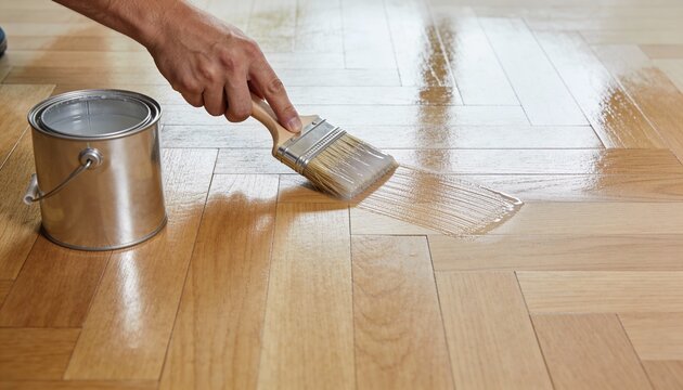 Hand varnishing a natural wood parquet floor with a paintbrush, creating a wet, glossy finish beside a metal can.
