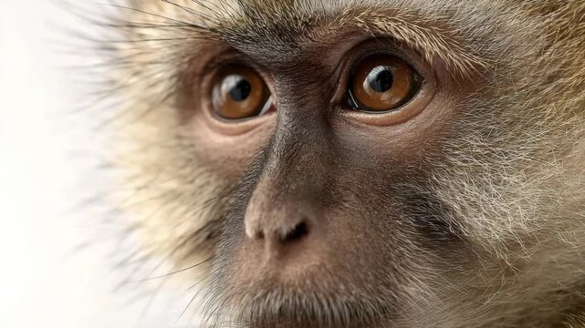 Closeup of a monkeys face with brown eyes and fur isolated on white background