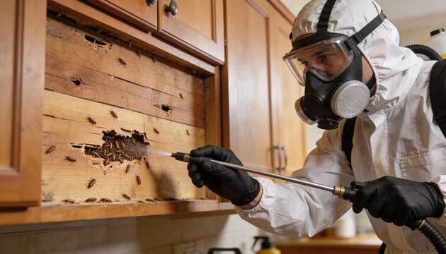 Professional pest control worker spraying a dense infestation of insects hidden within badly damaged wooden kitchen cabinets.