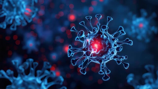 Microscopic coronavirus particle with glowing red spike core. blue virus cell close up floating